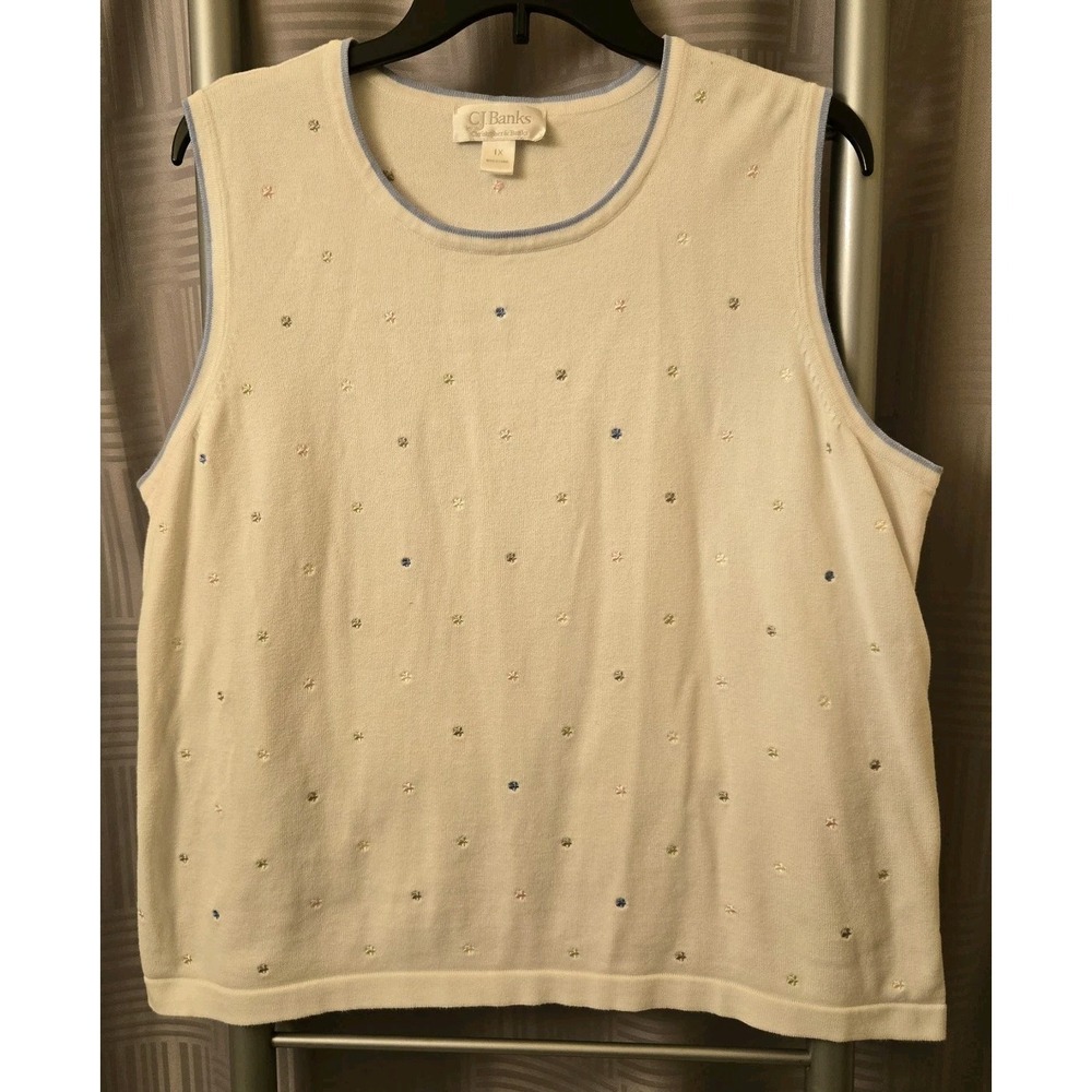 CJ Banks Shirt Womens 1X White Knit Top Embroidered Lightweight Sleeveless